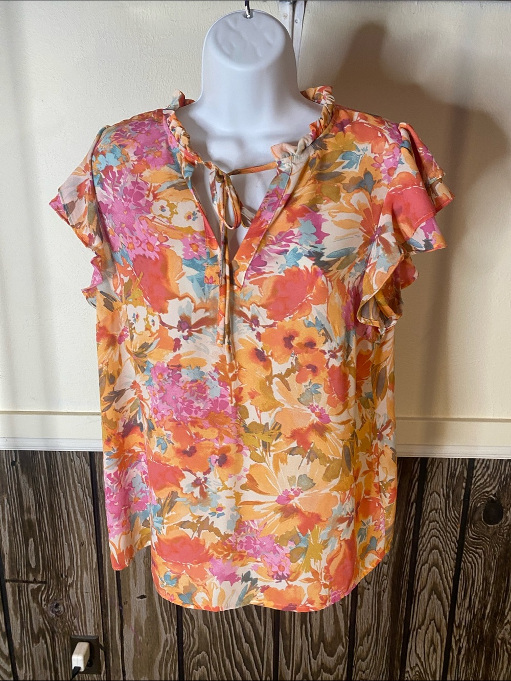 1. State Pink & Orange Floral Tie-Neck Ruffle Sleeve Blouse